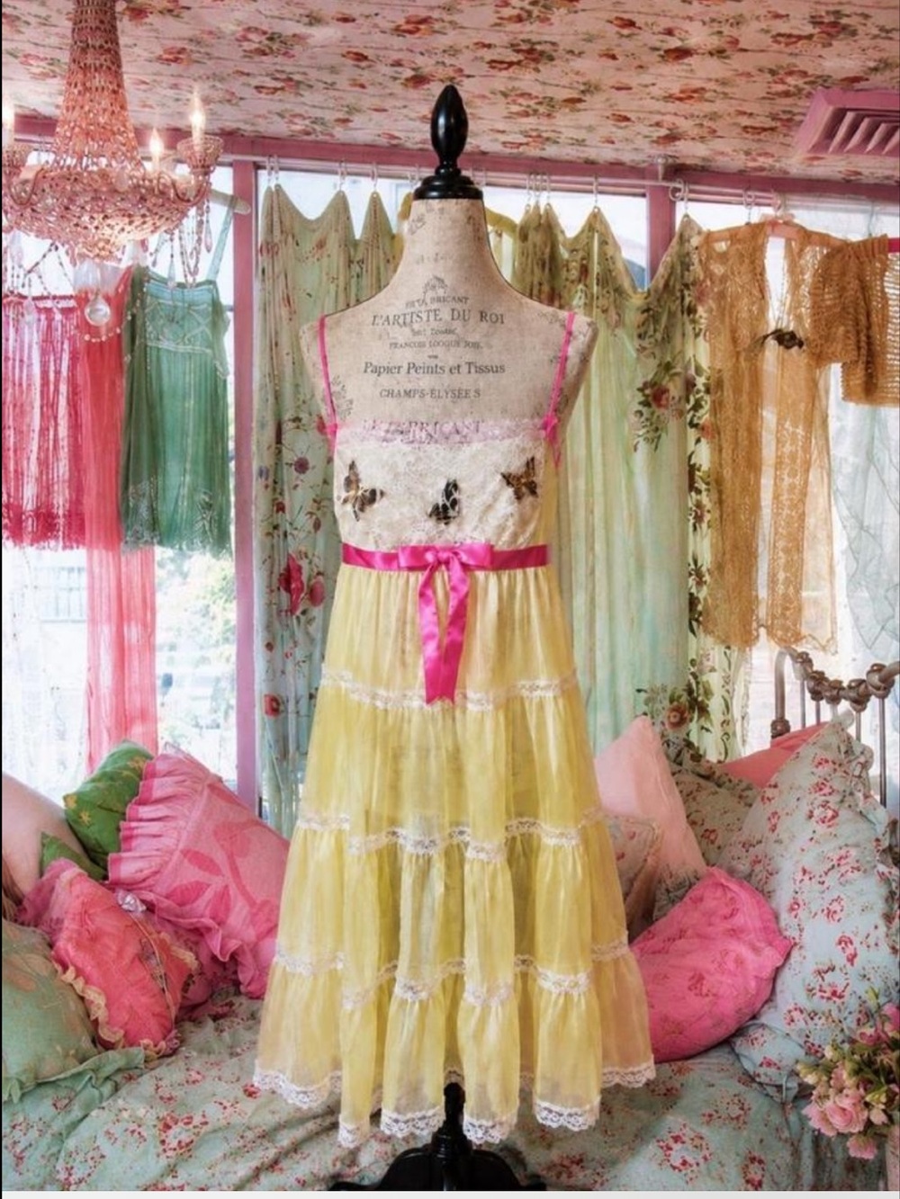 Vintage Betsey Johnson Yellow Lace Tiered nightgown with Pink Ribbon